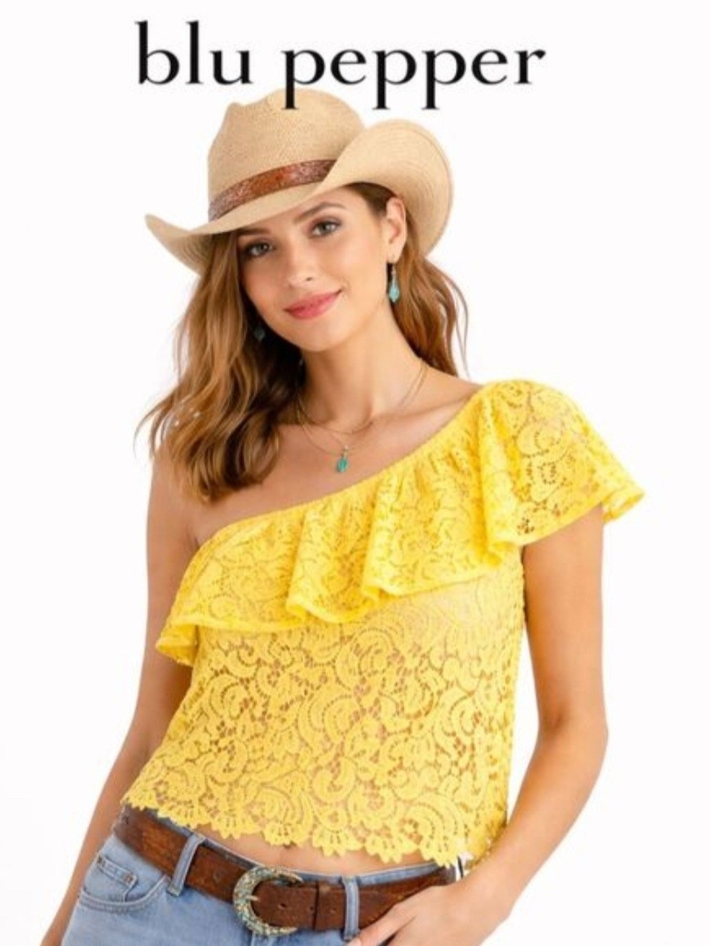 Blu Pepper One-Shoulder Yellow Lace Ruffle Crop Top Size Medium